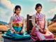 A couple of women sitting on top of a wooden bench.