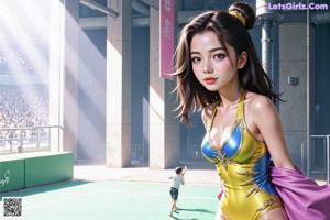 A woman in a bathing suit standing on a tennis court.